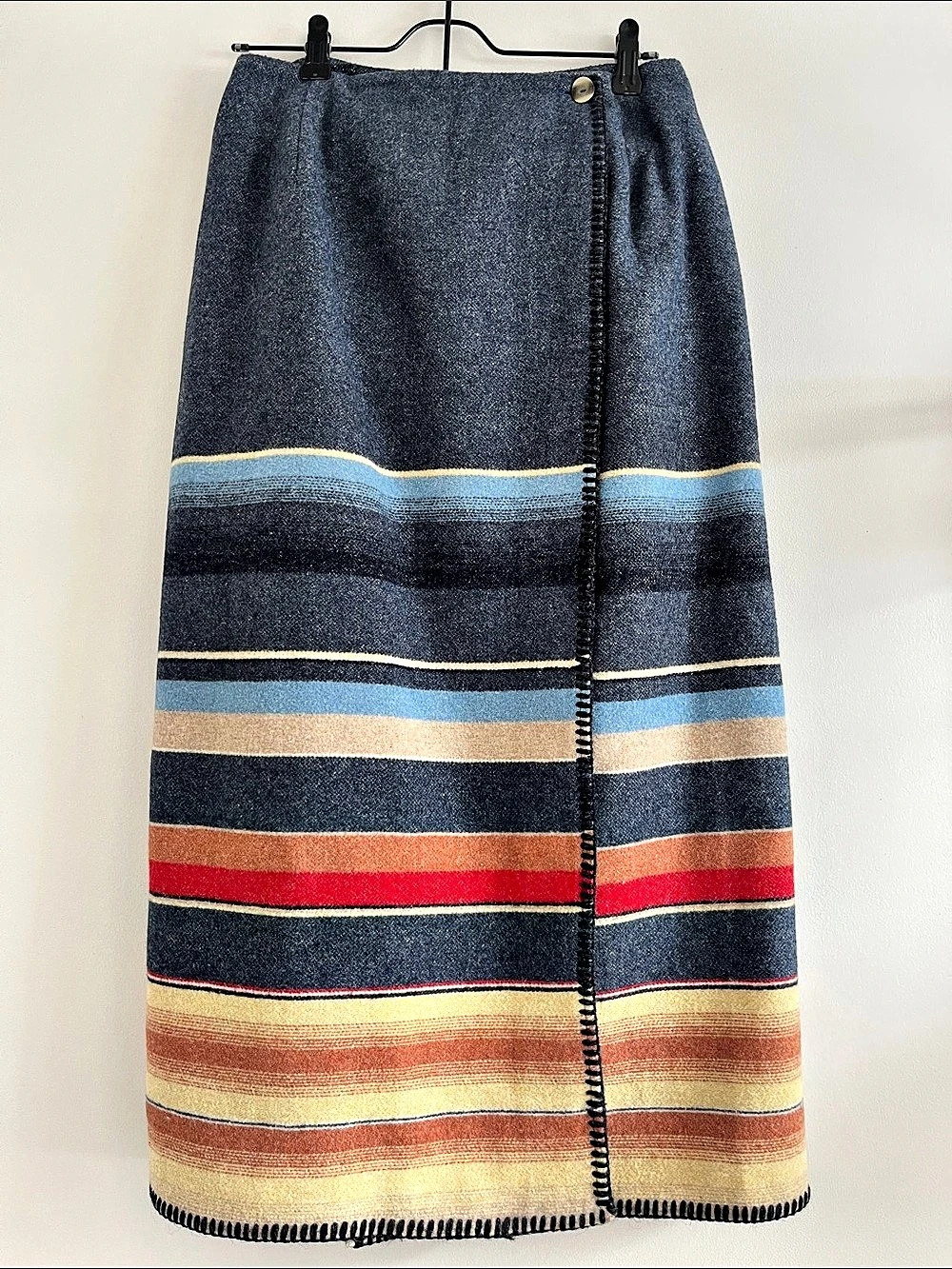 Runaway Bay Striped Wool-Blend Wrap Maxi Skirt in Blue & Red